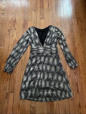 Antik Batik Black Gold Print Long Sleeve Cocktail Dress Women’s Sz Small